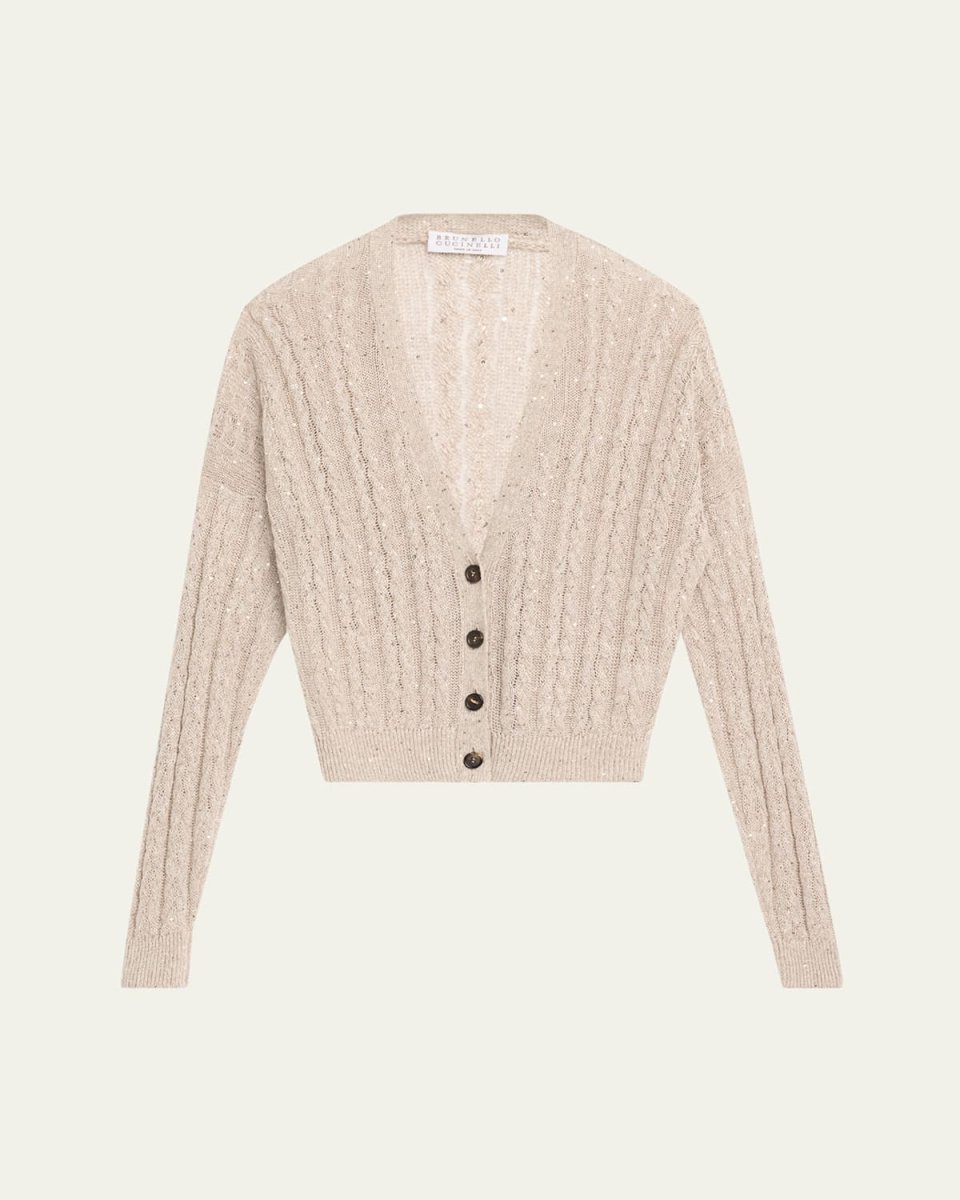 Linen Paillettes Cable-Knit Cardigan